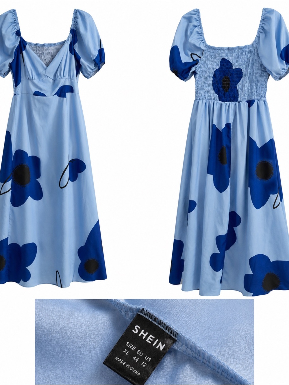SHEIN Light Blue Maxi Dress with Bold Navy Floral Accents